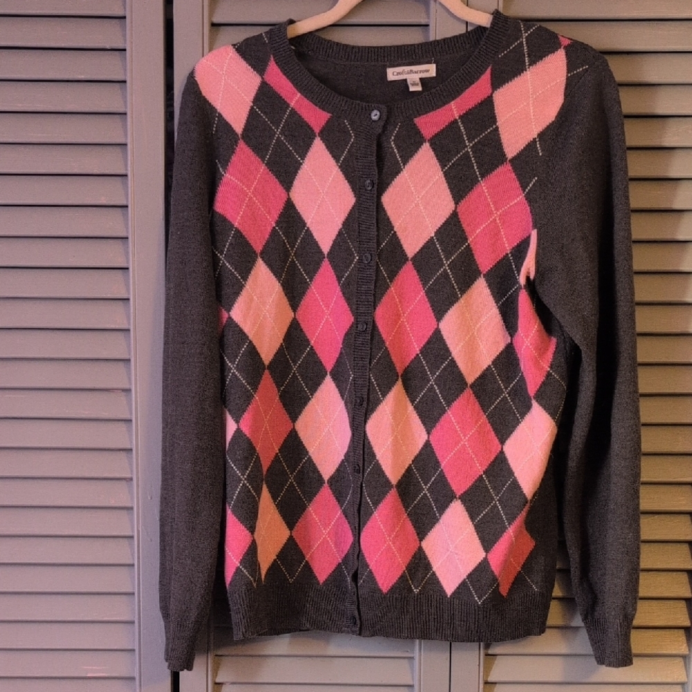Croft & Barrow Gray Cardigan with Pink Argyle